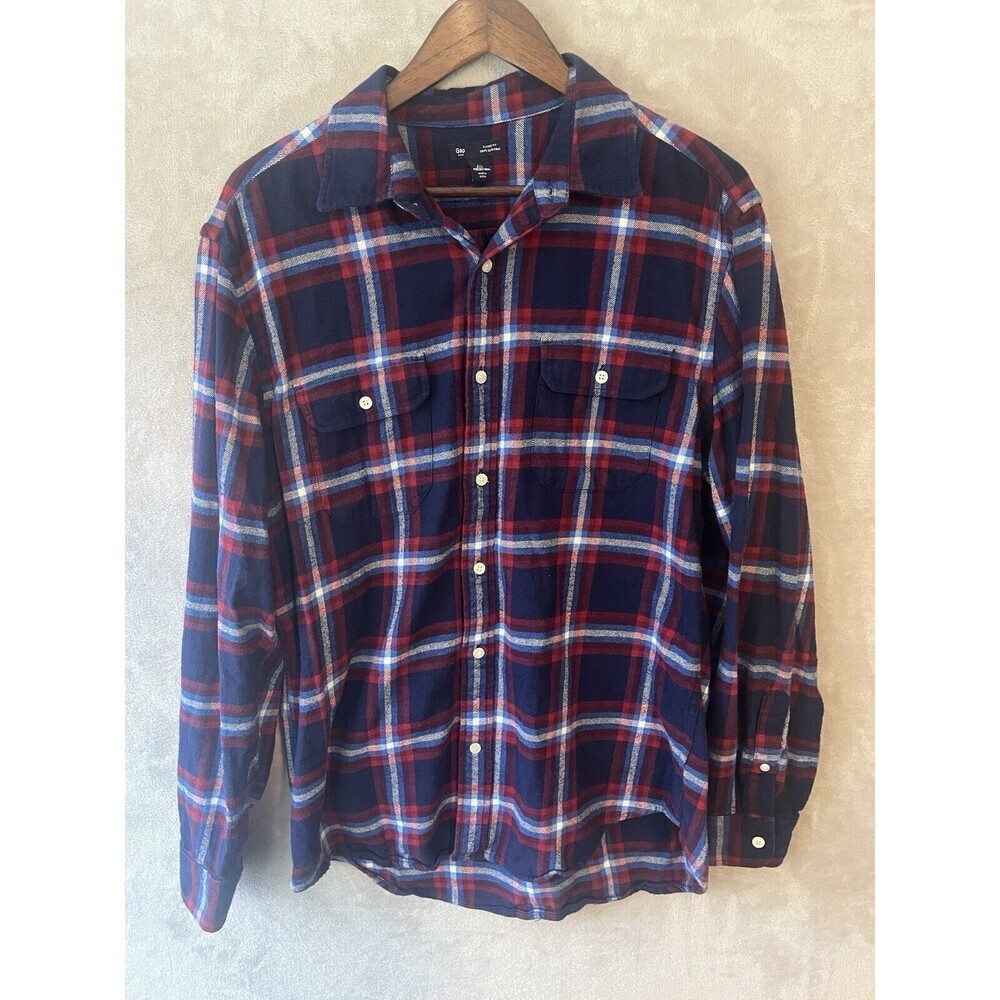 Gap Flannel Shirt Men's L Blue Plaid Collared Classic Fit Button Up Long Sleeve